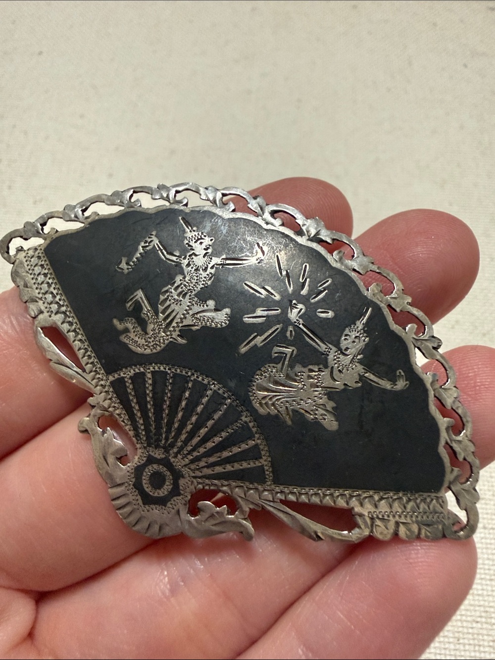 Vintage Siam Sterling Silver ESC Fan-Shaped Brooch
